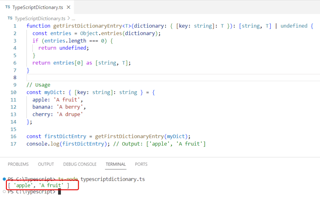 typescript dictionary get first