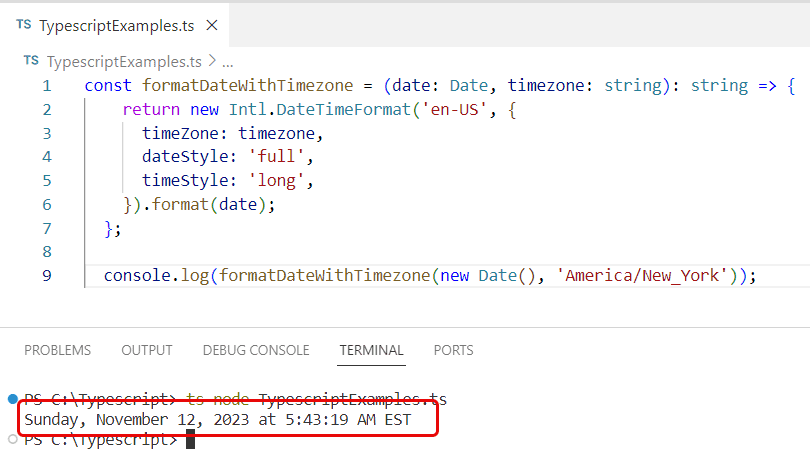 typescript format date with timezone