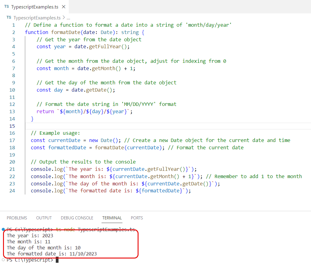 typescript get month day year from date