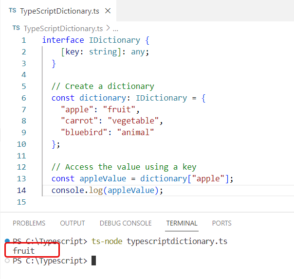 typescript get value from dictionary