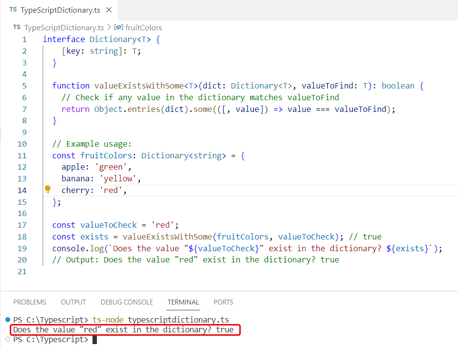 typescript if value exists in dictionary