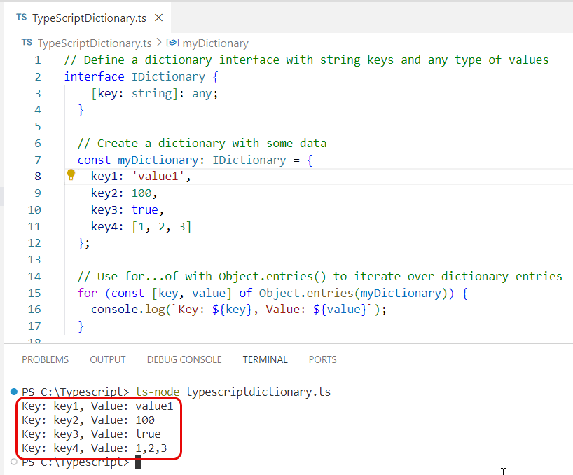 typescript loop through dictionary