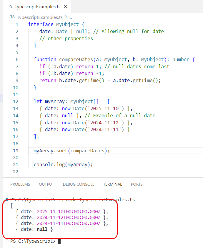 typescript sort array of objects by date descending