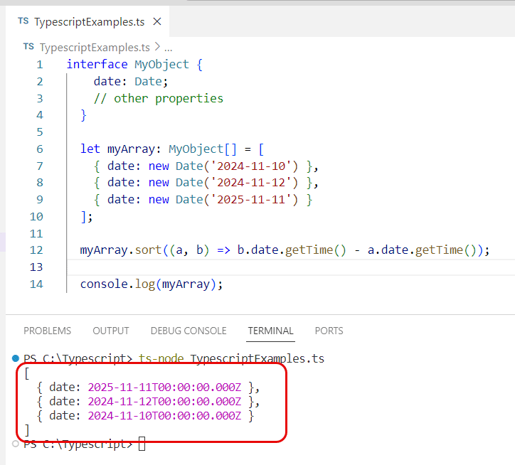 typescript sort array of objects by date descending