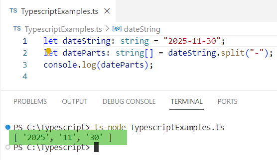 typescript split string by character