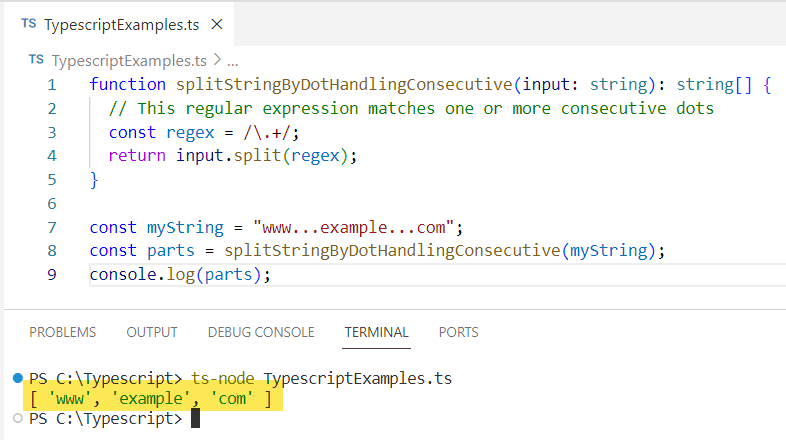 Typescript split string by dot example