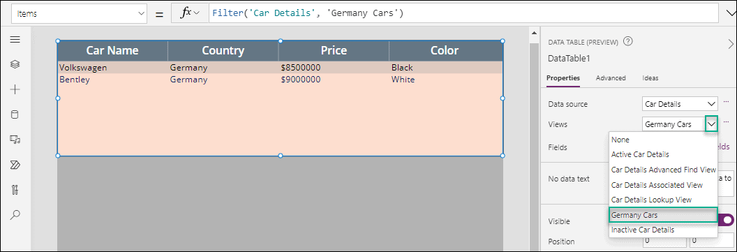 Filter dataverse view in power apps